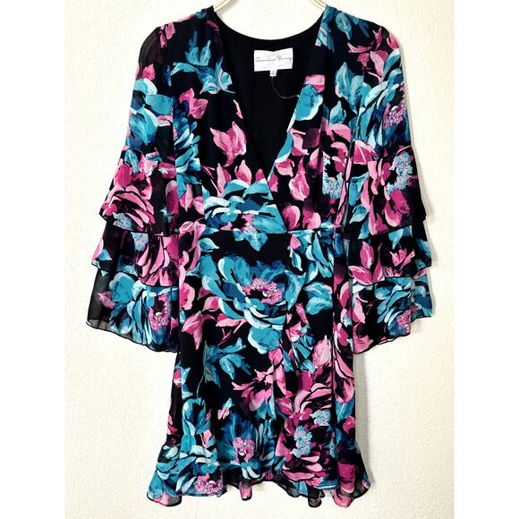 Charles Henry Black Floral Wrap Dress – SP Small Petite – Tiered Midi Boho Style - Picture 1 of 7